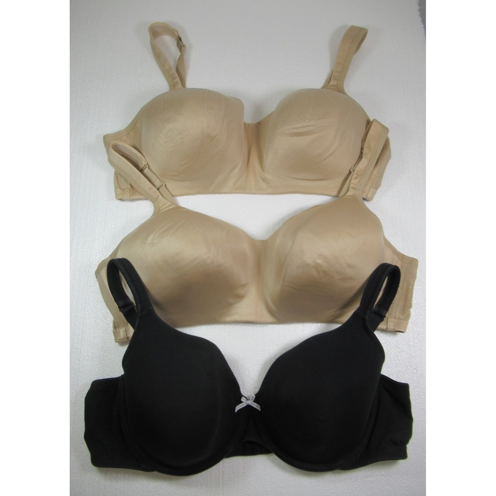 3 Cacique Bras Lot Bundle 44C Black Beige Wireless Underwire Satin Cotton Blend